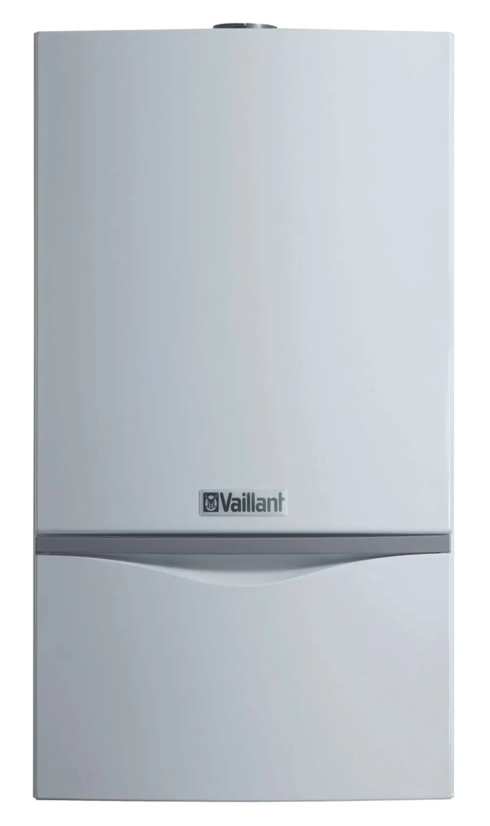 Weißer Heizkessel von Vaillant mit glatter Oberfläche und einem unteren Ablagefach, montiert an einer hellen Wand.